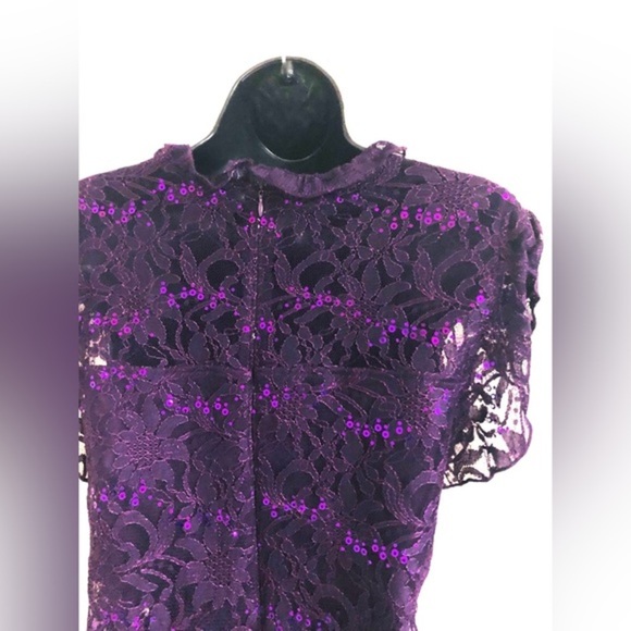 Purple lace sequin ruffle neck flutter sleeve sheath plus cocktail dress size 16 - Picture 6 of 16